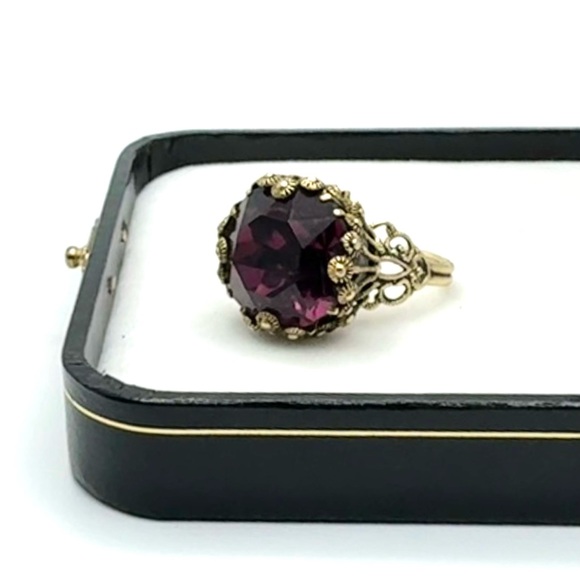 VTG Royal Purple Crystal Ornate Bronze W. Germany Statement Ring - Picture 1 of 11